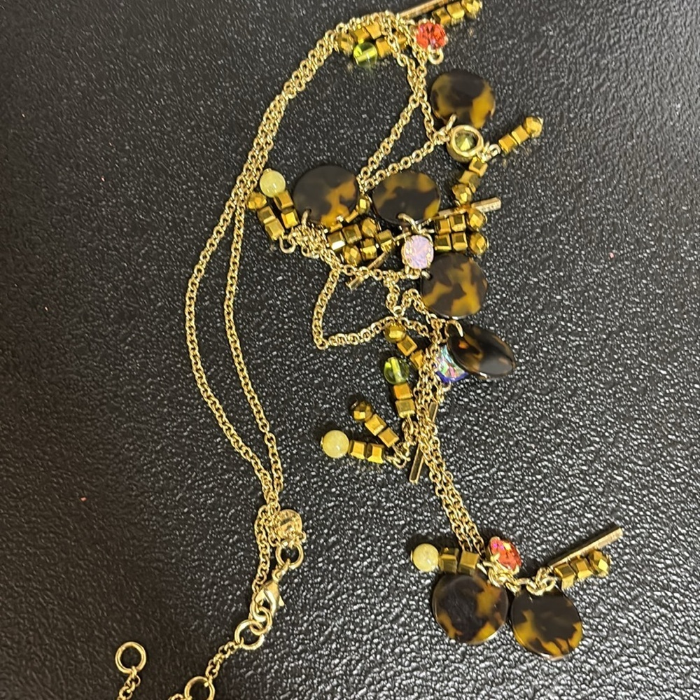 Signed J Crew Gold Tone Dangle Faux Tortoise & Colored Rhinestones Necklace - Picture 11 of 11
